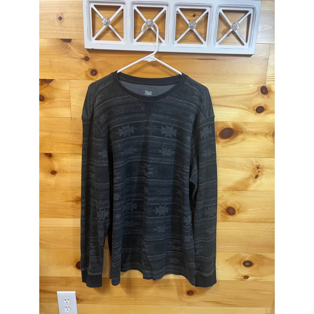 Falls Creek Mens XL Thermal Shirt Black Gray Aztec Western Knit Long Sleeve